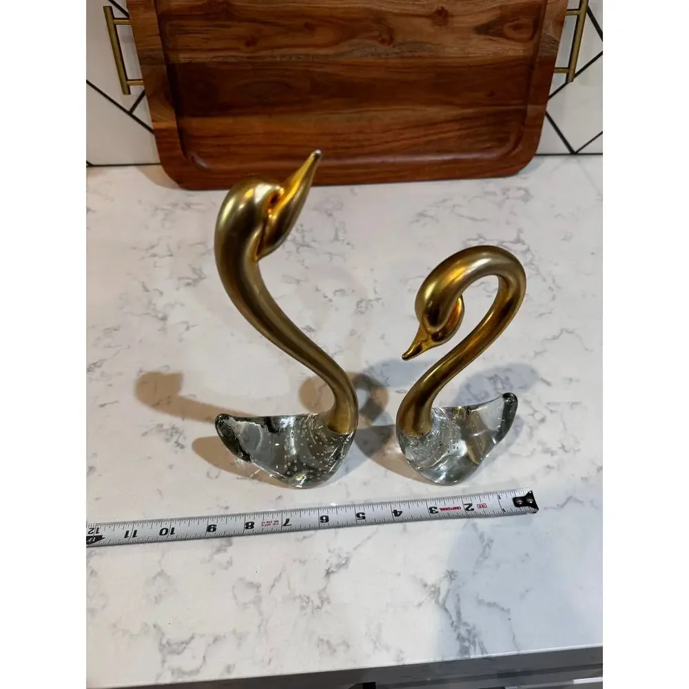 vintage Penco Mid Century Modern brass glass swan figurines bubble-glass base
